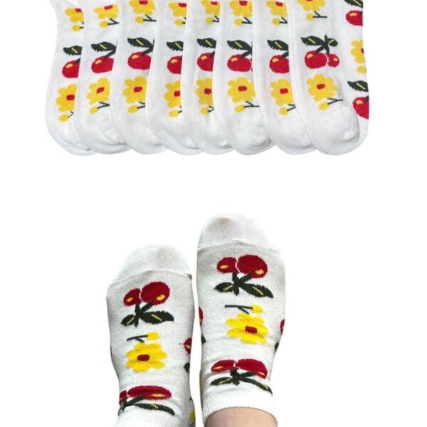 Kadın Patik Pamuklu 8 Çift Kiraz Desenli Beyaz 1-S26